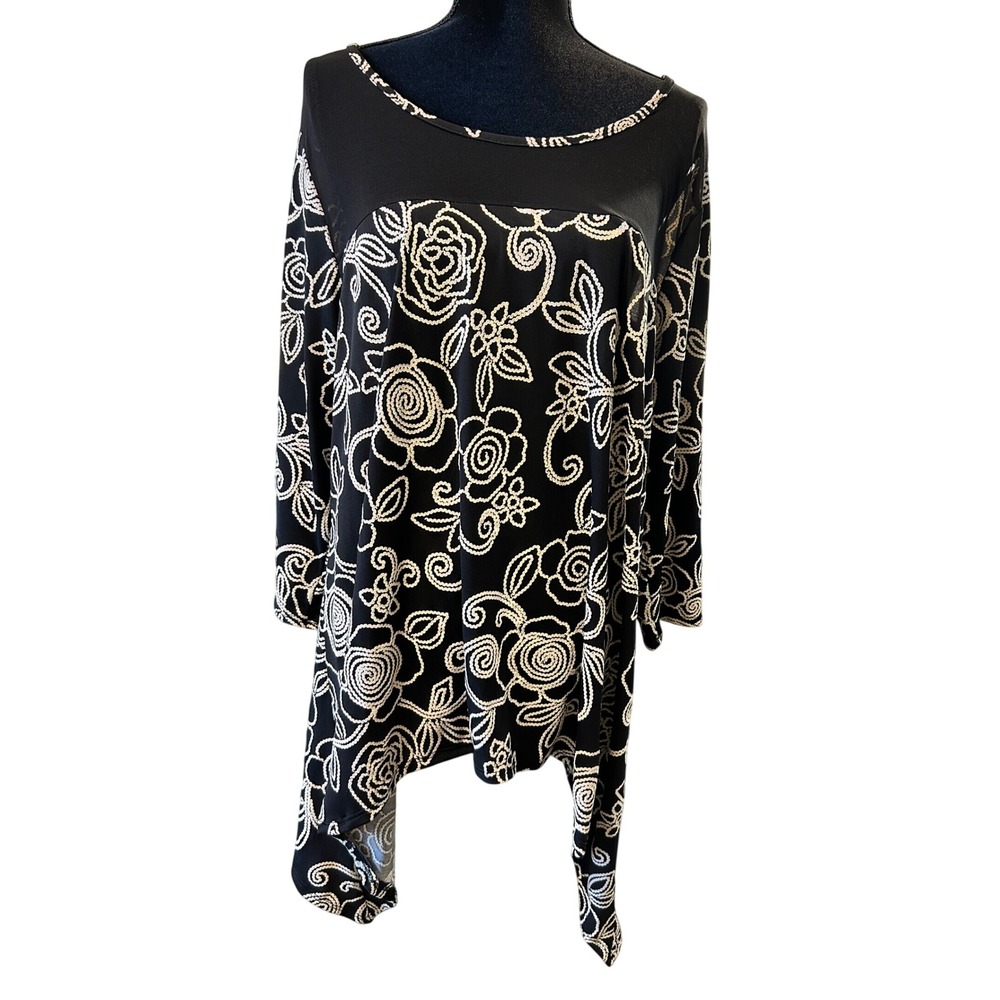 Amana Womens Plus 3X Black White Floral Mesh Yoke Sharkbite Hem Tunic Top